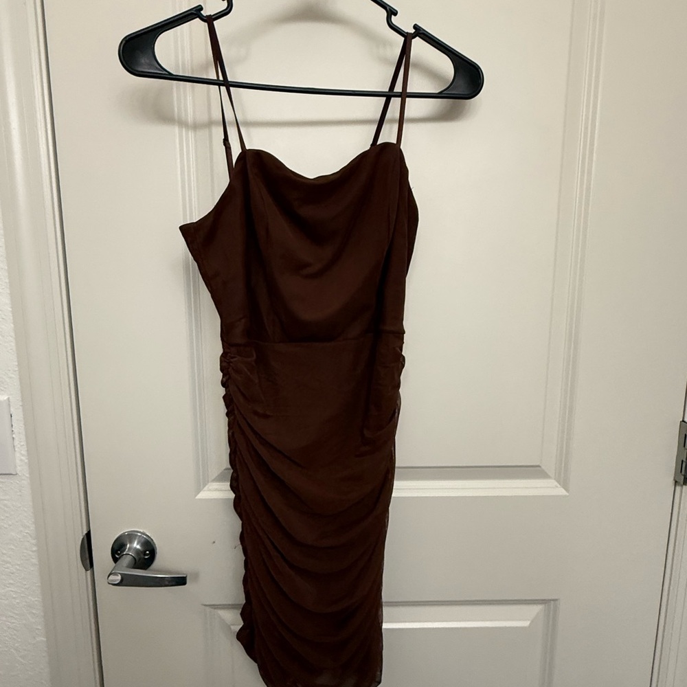 Brown Ruched Bodycon Mini Dress with Cowl Neck
